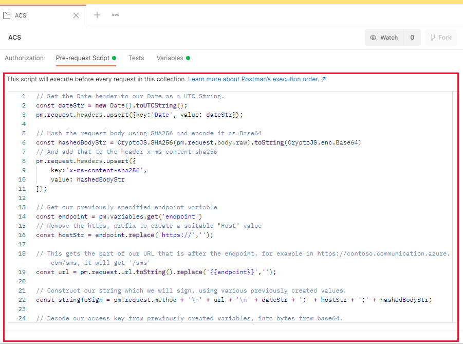 Screenshot che mostra Postman con uno script di pre-richiesta della raccolta di Servizi di comunicazione immesso.