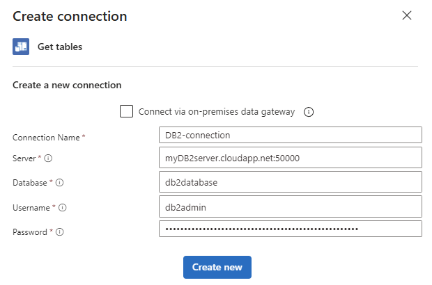 Screenshot che mostra il riquadro di connessione per i database basati sul cloud.