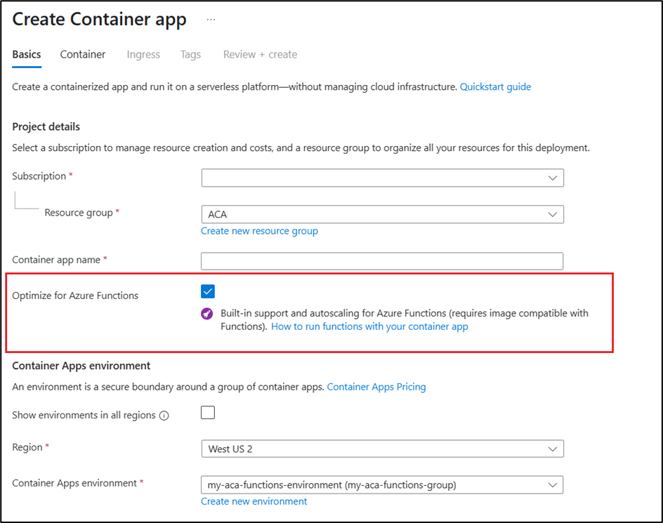 Screenshot del portale di Azure quando si crea un'app contenitore preconfigurata per Funzioni di Azure.