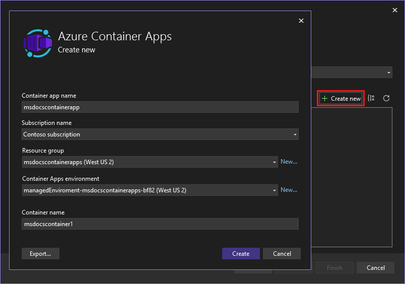 Una schermata che mostra come creare nuove Container Apps.