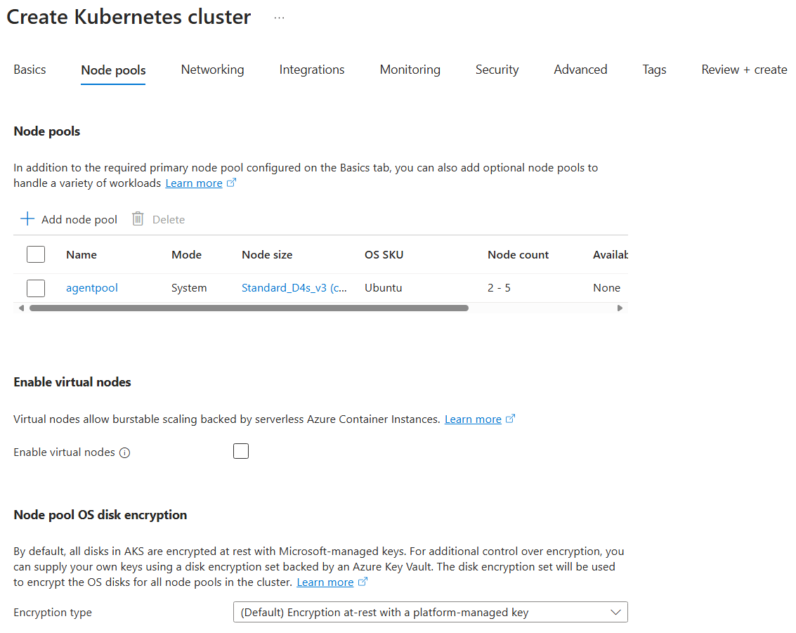 Screenshot che mostra come configurare la pagina Pool di nodi per la creazione di un cluster AKS nel portale di Azure.