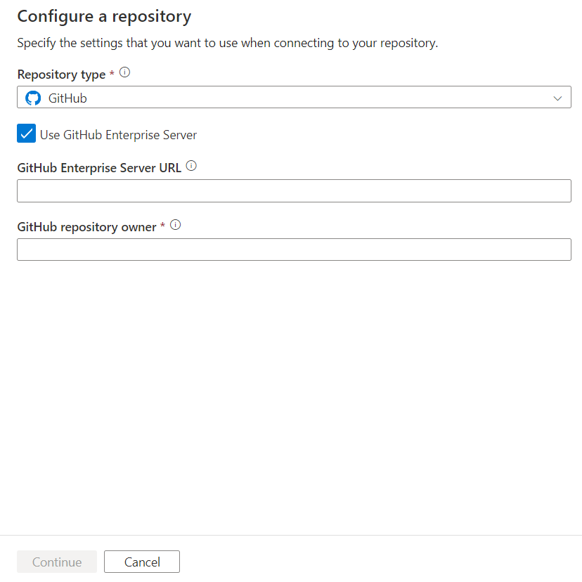 Screenshot che mostra GitHub configurare un repository utilizzando il pannello server enterprise.