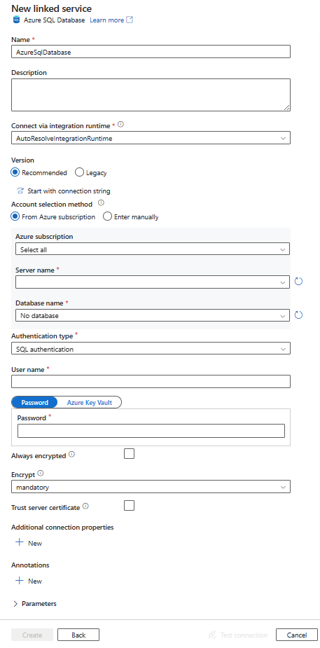 Screenshot della configurazione del servizio collegato di database SQL di Azure.