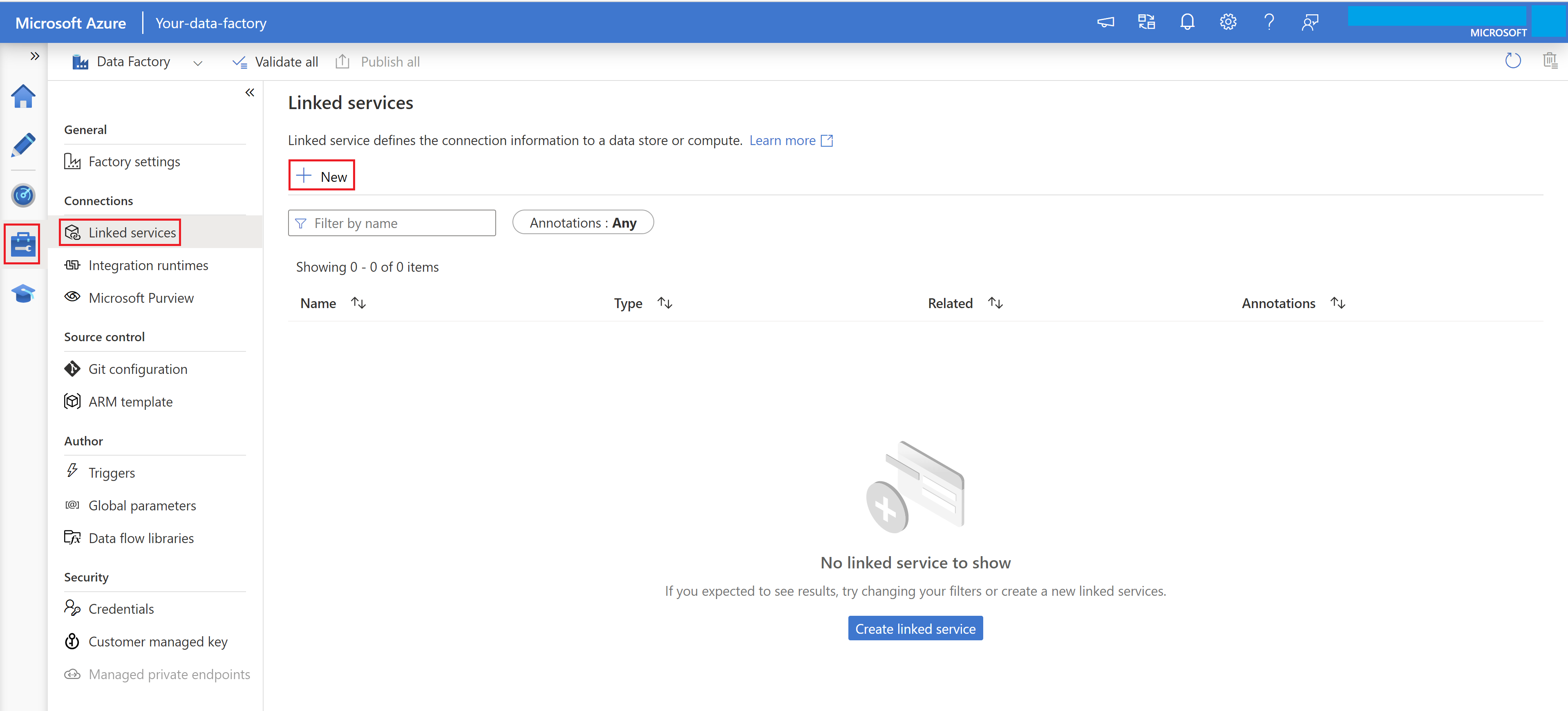 Screenshot per la creazione di un nuovo servizio collegato con Azure Data Factory UI.