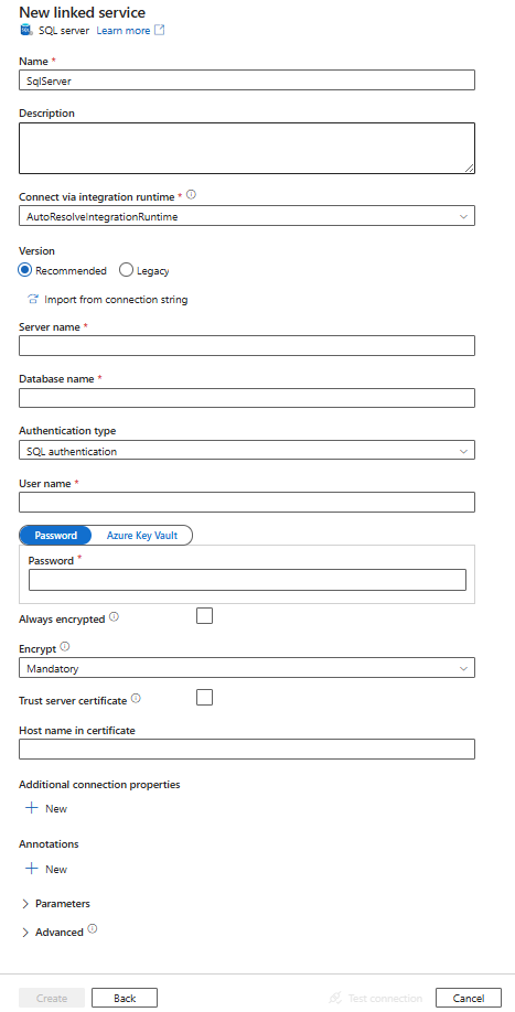 Screenshot della configurazione per un servizio collegato di SQL Server.