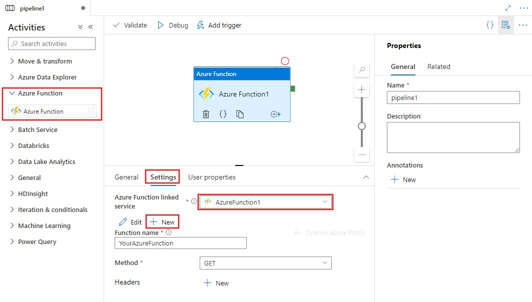 Screenshot dell'interfaccia utente per un'attività della funzione Azure.