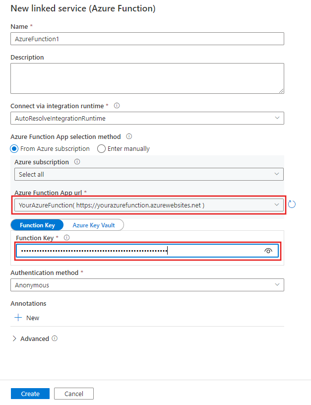 Screenshot del nuovo riquadro di creazione del servizio collegato Azure Function.