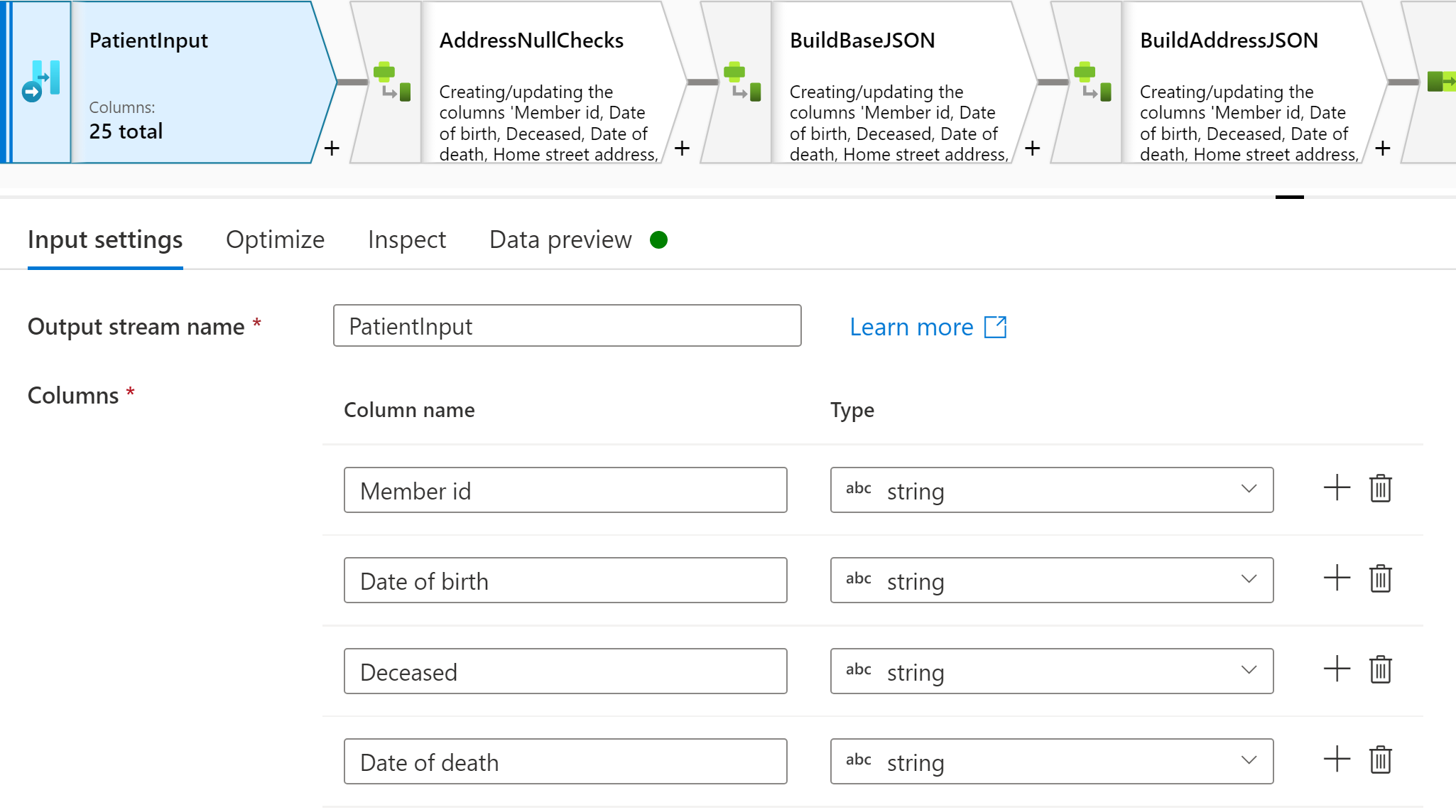 Screenshot che mostra il pannello delle proprietà di configurazione dell'input del flowlet.