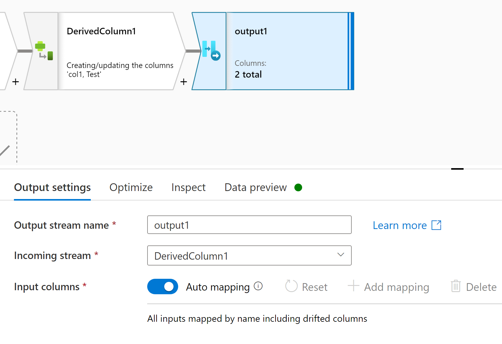 Screenshot che mostra il pannello delle proprietà di configurazione dell'output del flowlet.