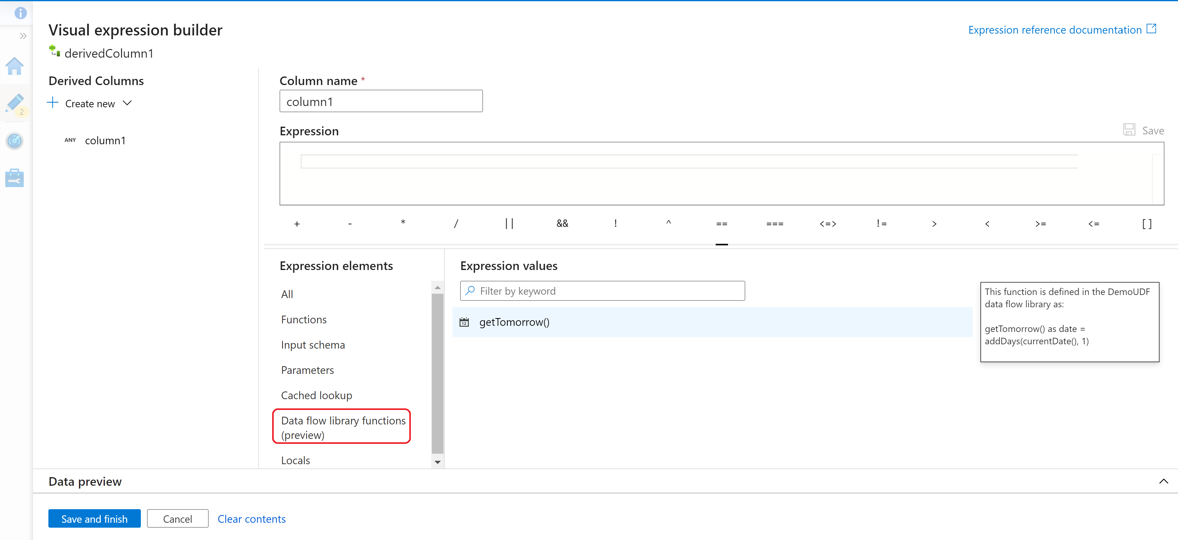 Screenshot che mostra la libreria del flusso di dati nel generatore di espressioni del flusso di dati di mappatura.