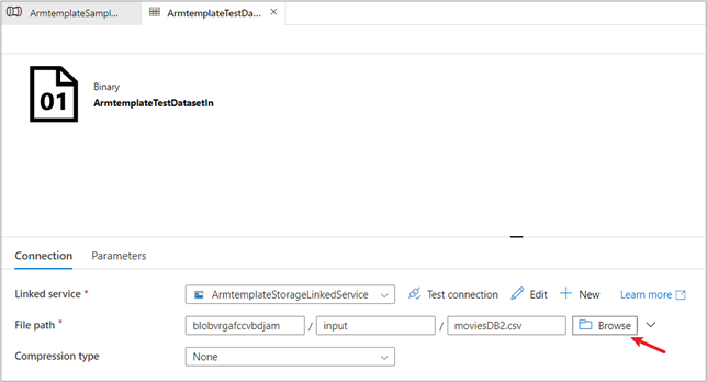 Screenshot del set di dati di origine con il pulsante Sfoglia evidenziato.