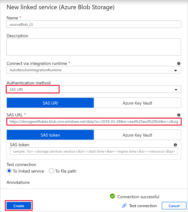 Selezioni per il metodo di autenticazione e l'URL SAS