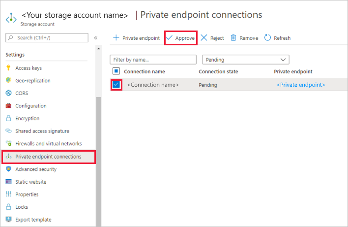 Screenshot che mostra il pulsante Approva dell'endpoint privato.