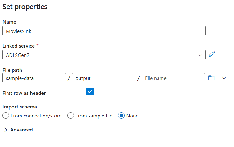 Screenshot della pagina di creazione del sink con selezionata l'opzione Prima riga come intestazione.