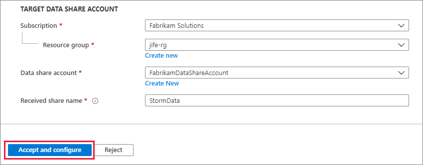 Screenshot della pagina di accettazione, con le informazioni sull'account di condivisione dati di destinazione compilate.