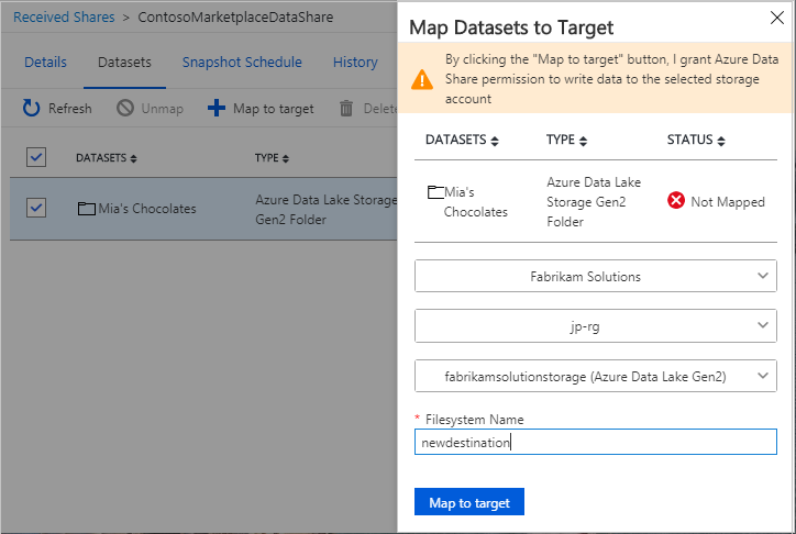 Screenshot della finestra di mapping dei set di dati alla destinazione, con il nome di un file system specificato.