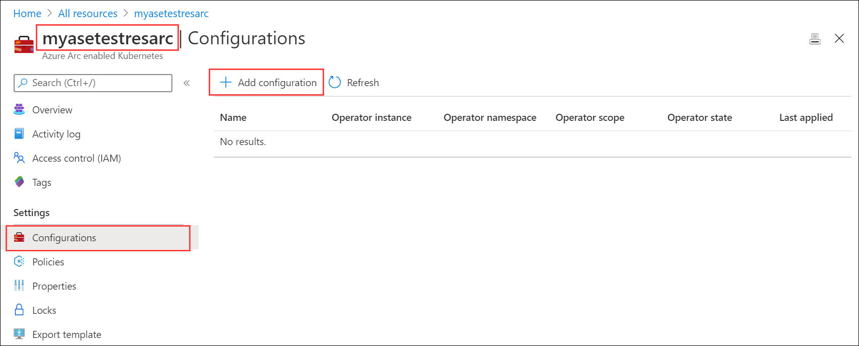 Screenshot che mostra il cluster Kubernetes con Azure Arc abilitato, con l'opzione 