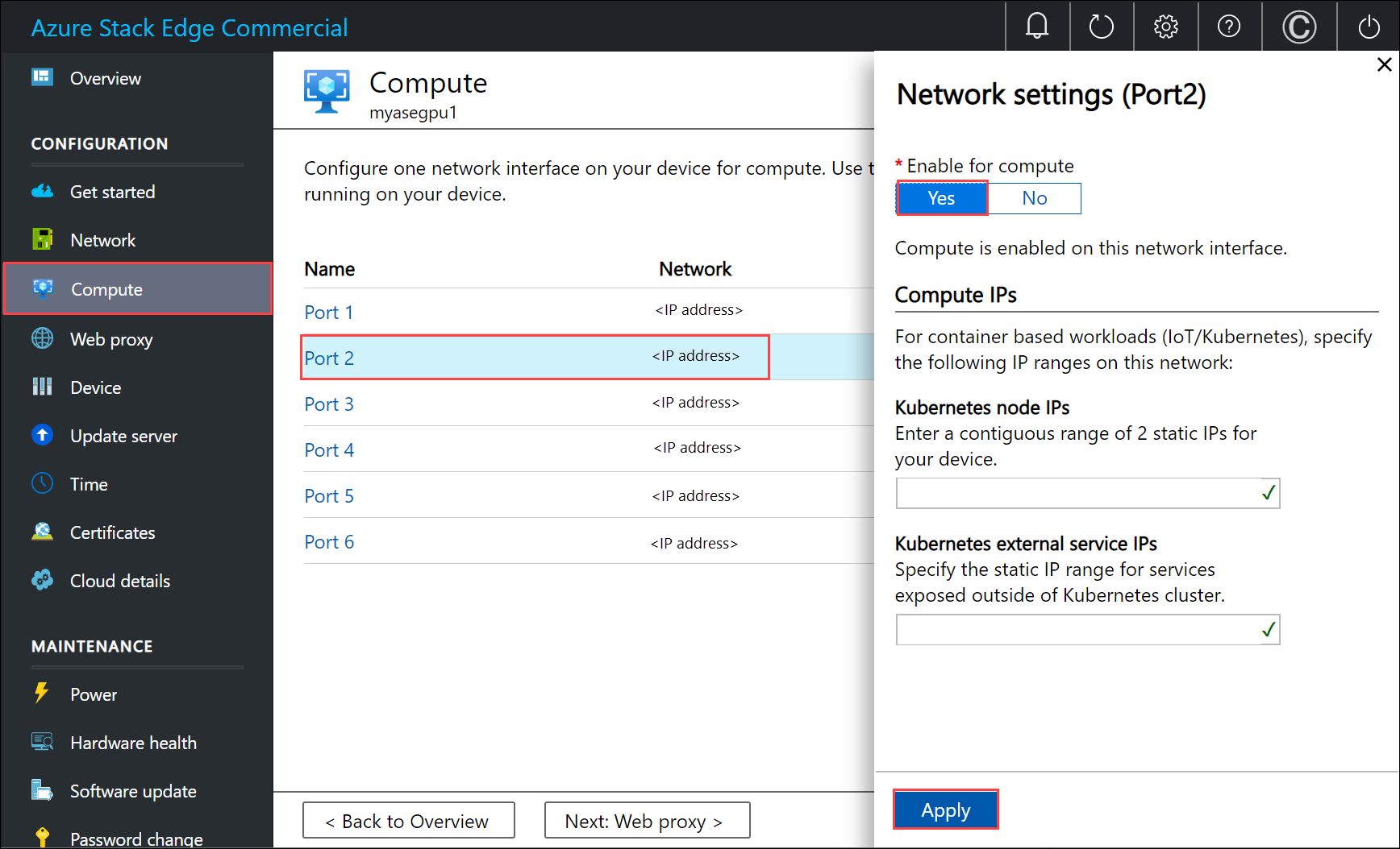 Screenshot del riquadro Impostazioni di configurazione di rete di calcolo.