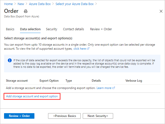 Cattura dello schermo che mostra i campi dati nella scheda Selezione dati per un ordine di esportazione di Data Box, evidenziando il collegamento per modificare le opzioni di Account di archiviazione ed esportazione.