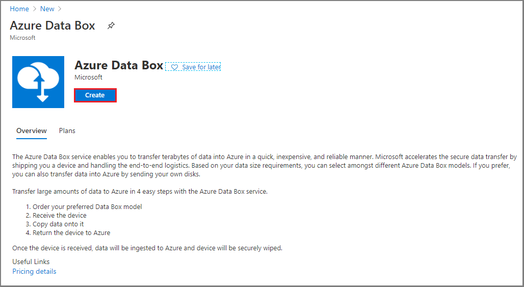 Schermata della pagina Nuova risorsa durante la creazione di una nuova risorsa di Azure Data Box.