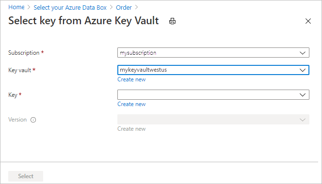 Cattura schermata dei controlli di configurazione presenti durante la configurazione delle impostazioni esistenti di Azure Key Vault nella scheda Sicurezza dell'ordine di esportazione di Data Box.