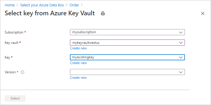 Cattura dello schermo delle opzioni utilizzate quando si utilizza un Azure Key Vault esistente per fornire una chiave gestita dal cliente nella scheda Sicurezza dell'ordine di esportazione di Data Box.