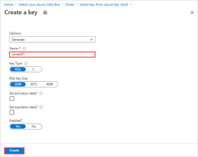Schermata delle opzioni Nuova chiave quando si crea una nuova chiave Azure Key Vault per fornire una chiave gestita dal cliente nella scheda Sicurezza dell'ordine di esportazione Data Box.