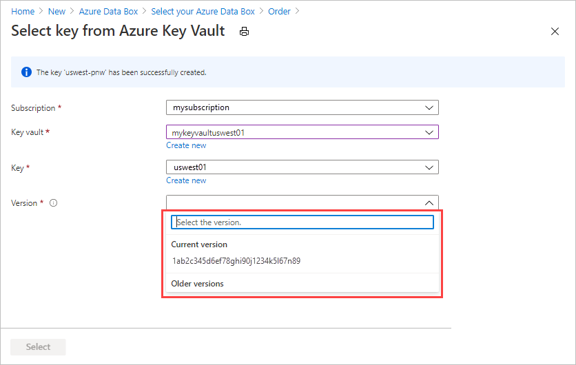 Schermata che conferma la creazione di una nuova chiave di Azure Key Vault utilizzata per fornire una chiave gestita dal cliente nella scheda Sicurezza dell'ordine di esportazione di Data Box.