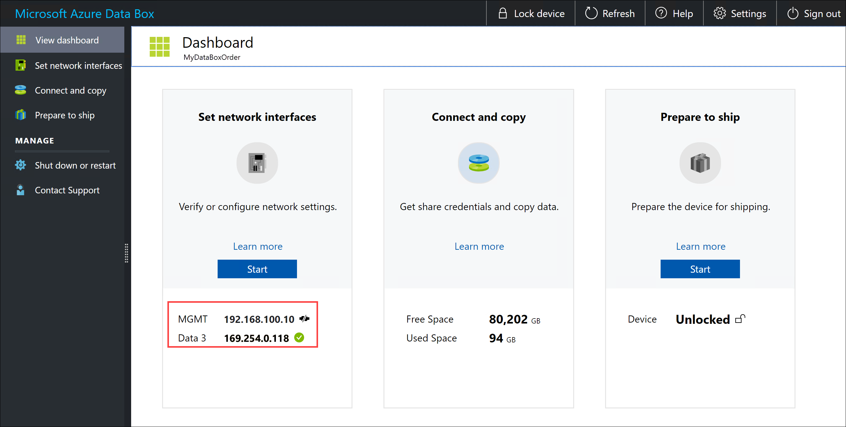 Dashboard del dispositivo
