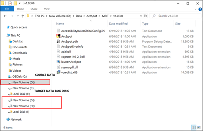 Screenshot dell'unità di origine dati e le lettere di unità assegnate al Data Box Disk.