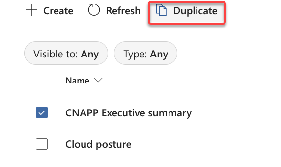 Screenshot di una pagina di selezione del report con il riepilogo CNAPP Executive selezionato, il comportamento cloud deselezionato e il pulsante Duplica visibile.
