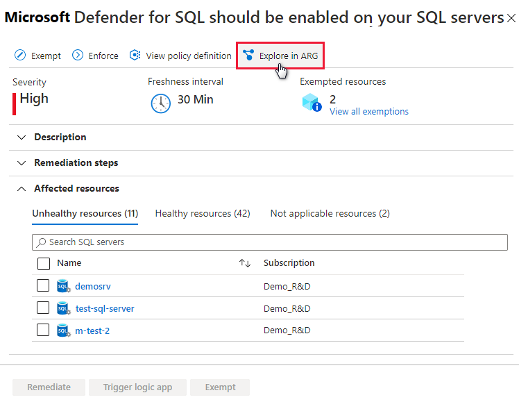 Eplorare i dati delle raccomandazioni in Azure Resource Graph.