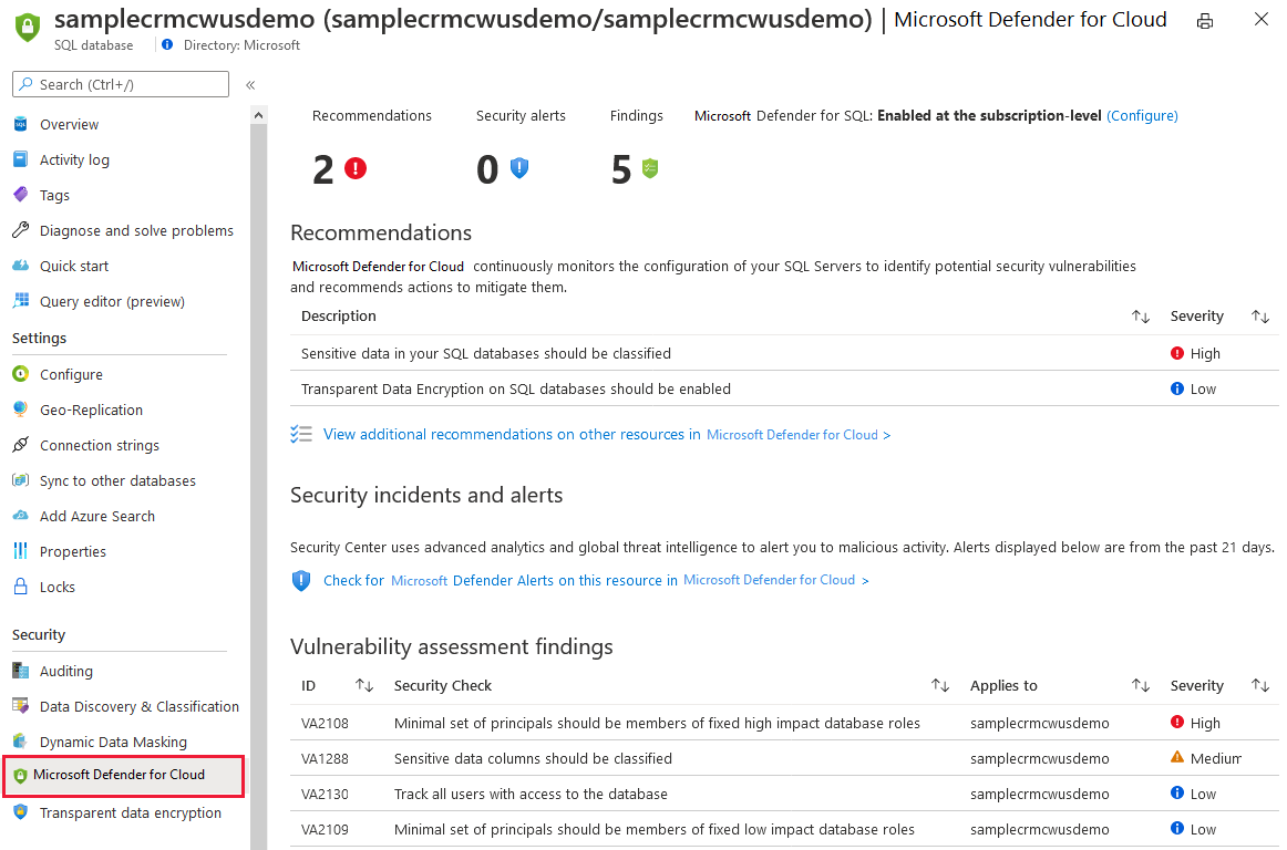 Centro sicurezza di Azure sono disponibili in Azure SQL