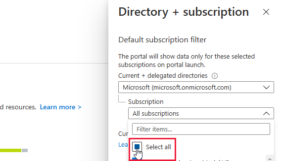 Filtro nelle sottoscrizioni Azure portal.