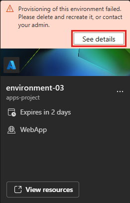 Screenshot che mostra i dettagli dell'errore di distribuzione, in particolare un nome non valido per un account di archiviazione.