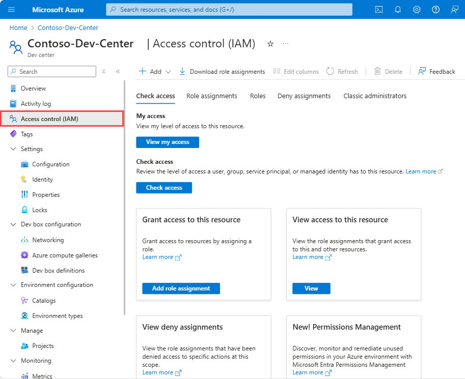 Screenshot che mostra la pagina Controllo di accesso (IAM) per un dev center.