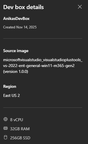 Screenshot del riquadro Altre informazioni per la dev box che mostra la data di creazione, il dev center, il pool di dev box e l'immagine di origine per la dev box.