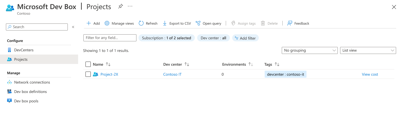 Screenshot dell'elenco Progetti con un progetto selezionato per assegnare ruoli DevCenter nel portale di Azure.