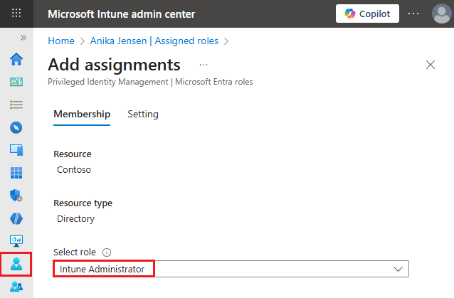 Screenshot che mostra l'assegnazione del ruolo di amministratore di Microsoft Intune.
