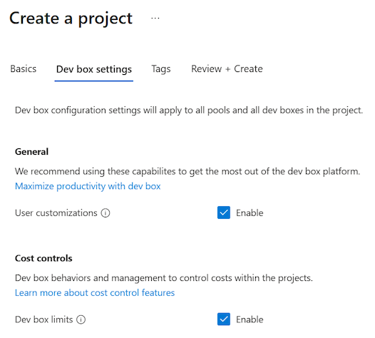 Screenshot del riquadro Crea un progetto con la scheda delle impostazioni della Dev box aperta e entrambe le opzioni di abilitazione selezionate.
