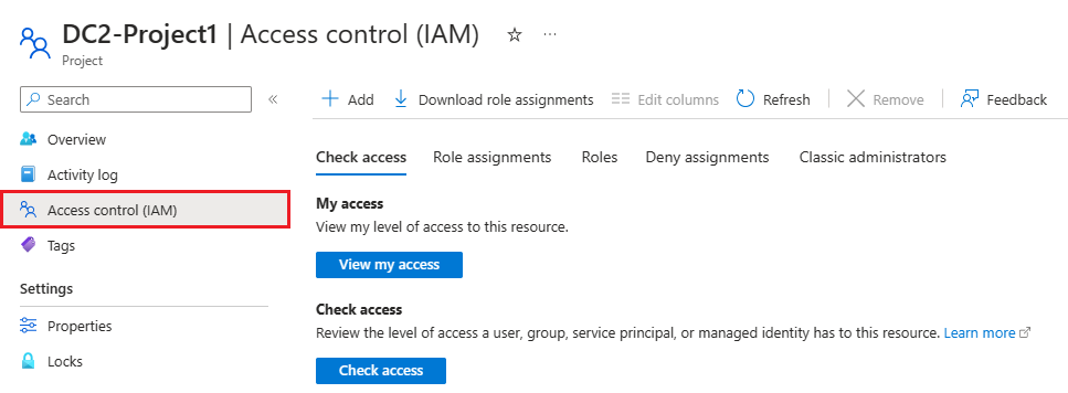 Screenshot della scheda Controllo di accesso (IAM) del progetto che mostra le assegnazioni di ruolo nel portale di Azure.