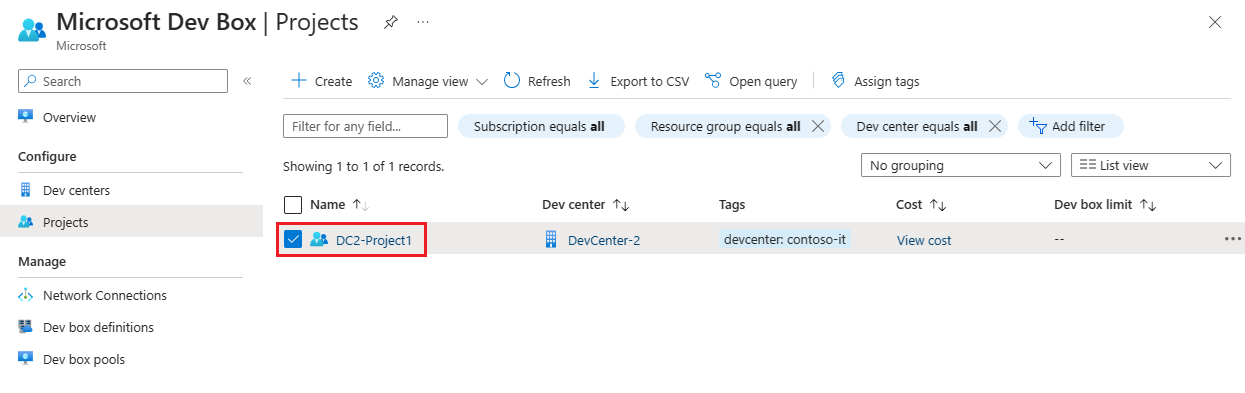 Screenshot dell'elenco Progetti che mostra la griglia dei progetti e i risultati della ricerca nel portale di Azure.
