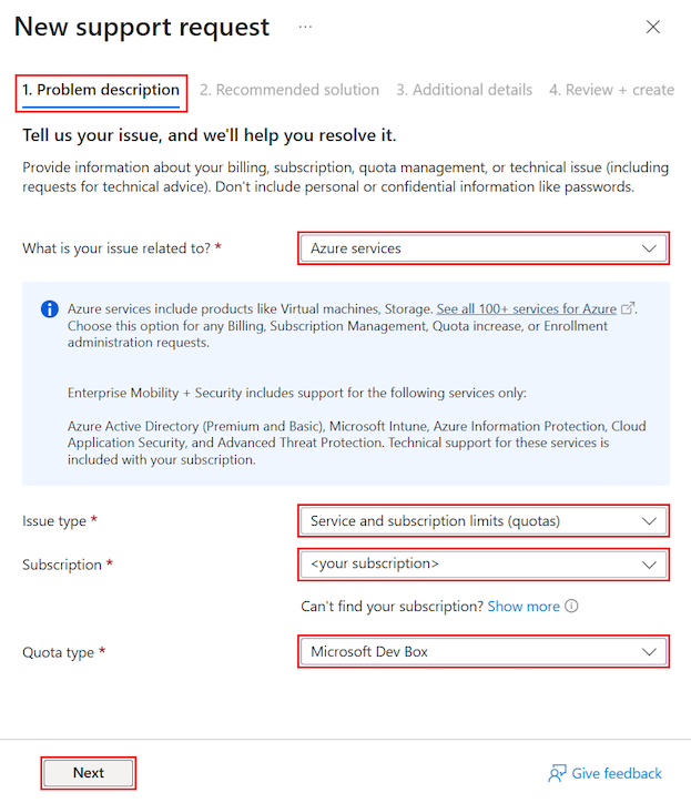 Screenshot che mostra la scheda Descrizione del problema per una nuova richiesta di supporto con le impostazioni necessarie evidenziate.