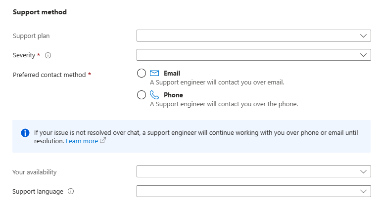 Screenshot che mostra la sezione Metodo di supporto per una nuova richiesta di supporto.