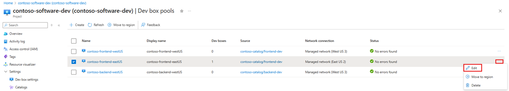 Screenshot del riquadro di modifica del pool di dev box del portale di Azure con il menu operazioni e il comando Modifica visibile.