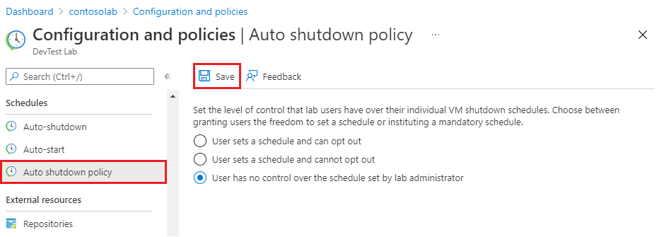 Screenshot che mostra l'impostazione delle opzioni dei criteri di arresto automatico.