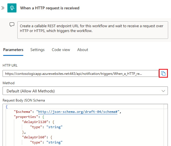 Screenshot che mostra la copia dell'URL del webhook.