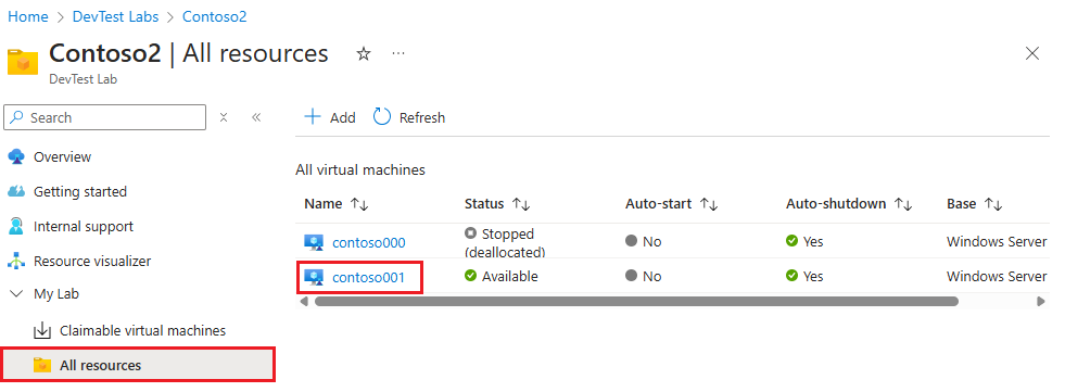 Screenshot che mostra una V M selezionata nella pagina Panoramica di un lab.