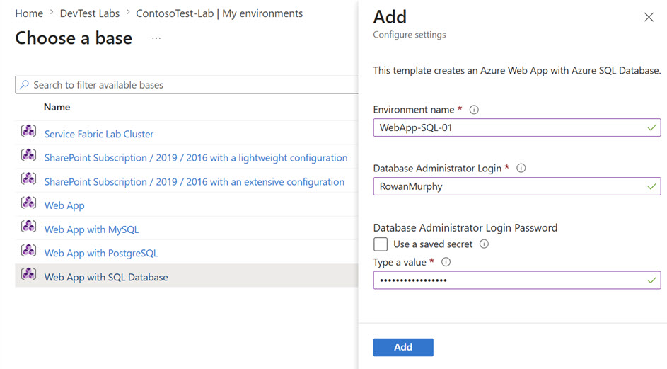 Screenshot che mostra la selezione di Web App con SQL Database e l'inserimento delle impostazioni dell'ambiente in Azure DevTest Labs.