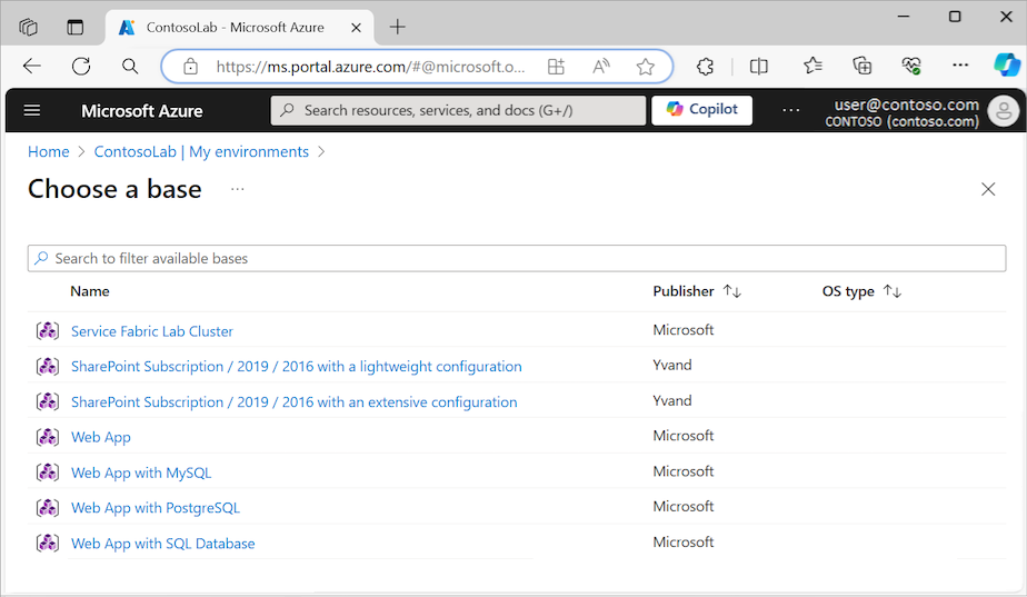 Screenshot che mostra Web App con database SQL selezionati tra i modelli di ambiente disponibili in Azure DevTest Labs.